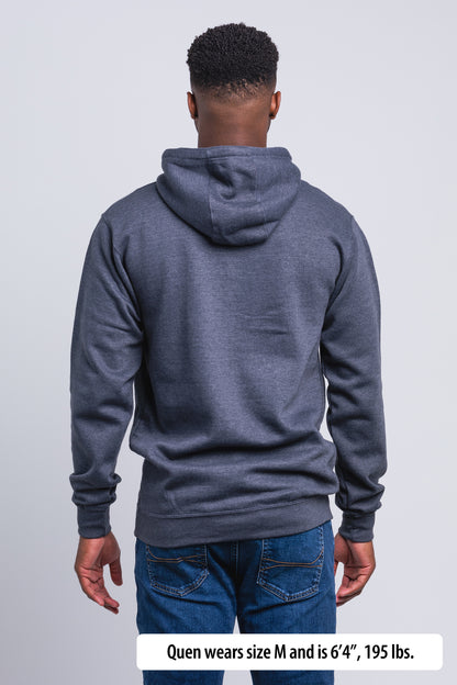 Have It Tall Hoodie  worn by a male model (6'4" tall) wearing a size Medium Heather Charcoal standing in a tall apparel showroom.
