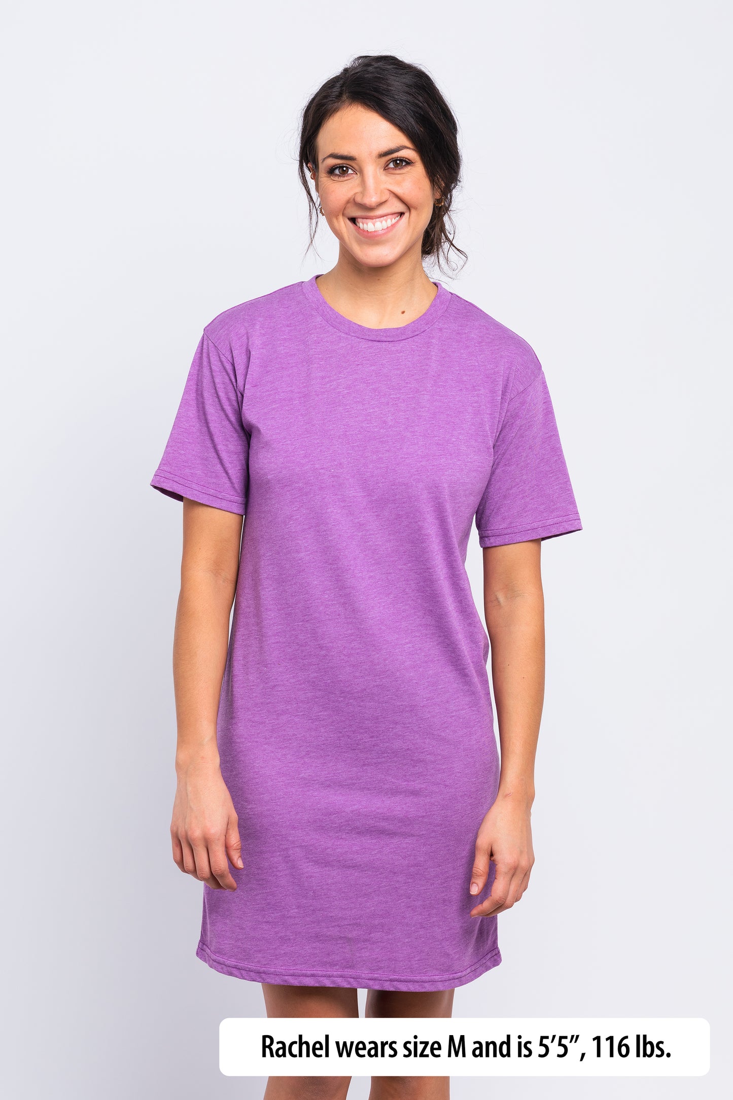 Have It Tall Fashion Fit Tall T Shirt worn by a Female model (5'5" tall) wearing a size large Heather Lilac standing in a tall apparel showroom.