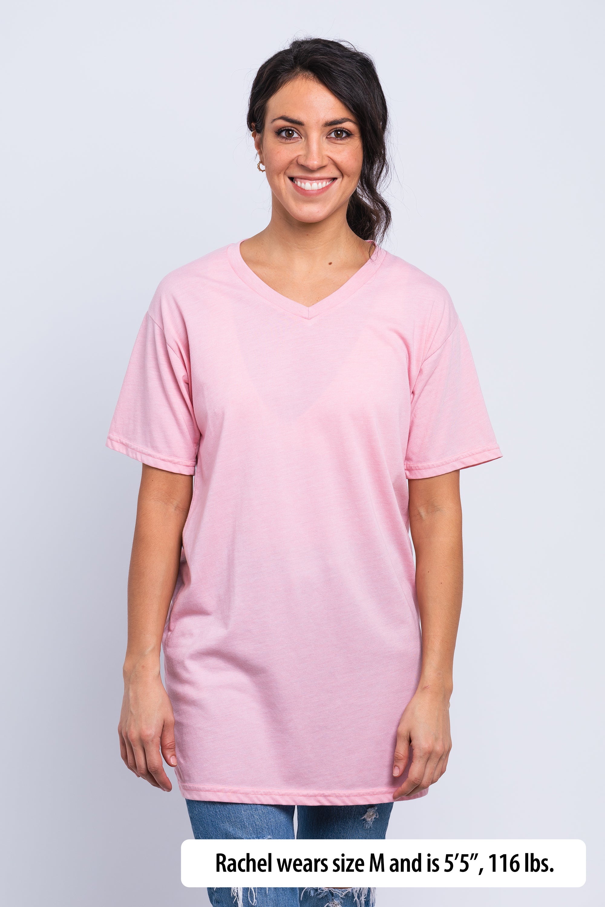 Have It Tall V-Neck Tall T-Shirt worn by a Female model (5'5" tall) wearing a size Medium Rose standing in a tall apparel showroom.