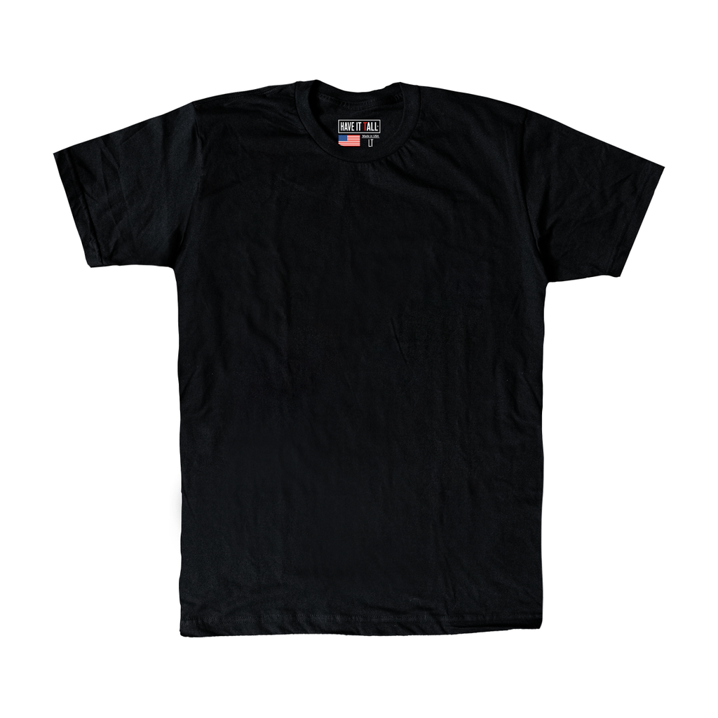 Have It Tall made in USA T shirt in black 100% cotton luxury soft tee for tall men and women against a white background