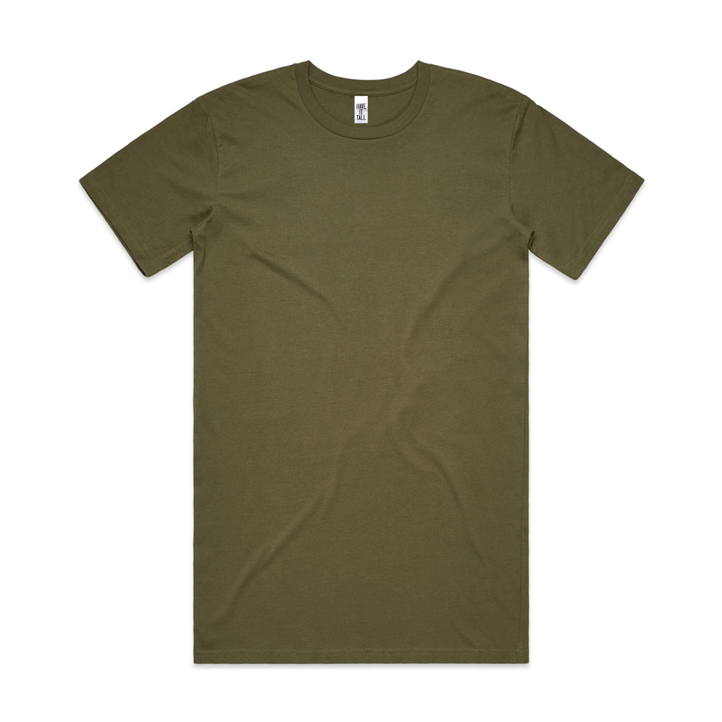 Have It Tall Brand Extra Long Tall 100% Cotton Luxury Medium weight mens t-shirt in color Army against a white background.