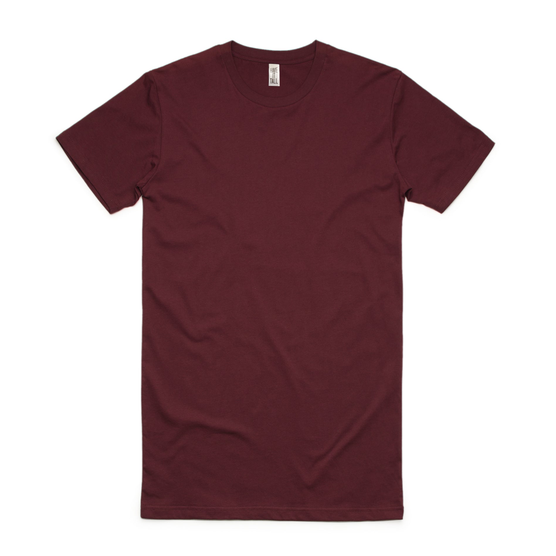 Have It Tall Brand Extra Long Tall 100% Cotton Luxury Medium weight mens t-shirt in color burgundy against a white background.