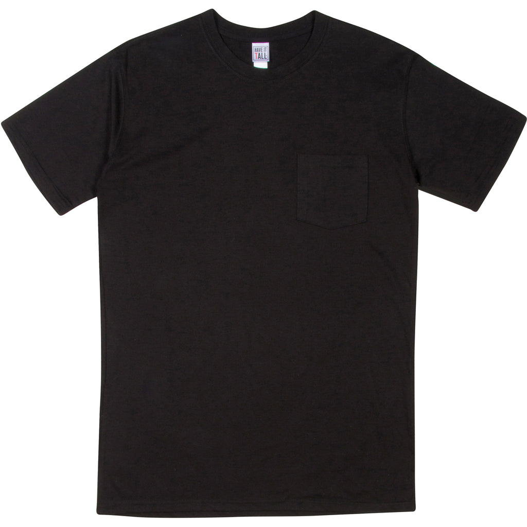 Have It Tall soft blend Black T shirt with front pocket luxury long tee shirt against a white background