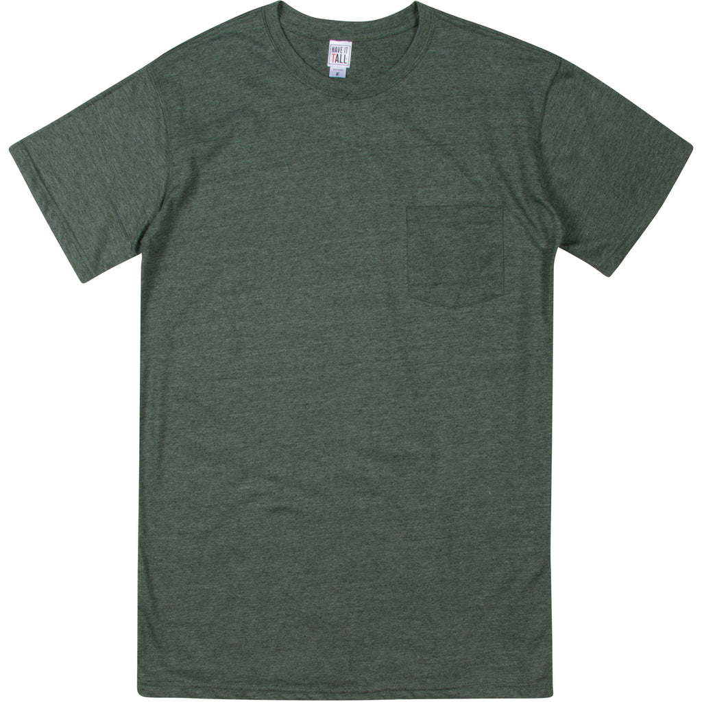 Have It Tall soft blend Army T shirt with front pocket luxury long tee shirt against a white background