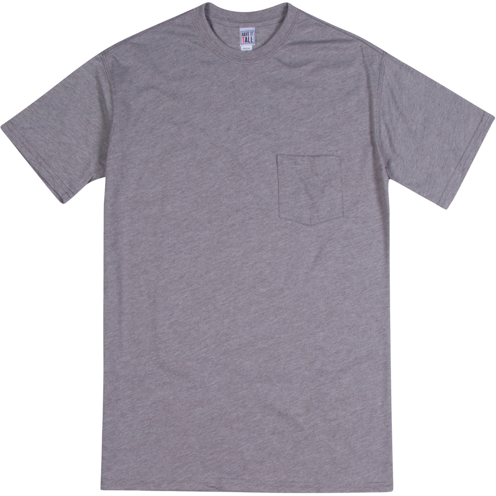 Have It Tall soft blend Light Heather T shirt with front pocket luxury long tee shirt against a white background