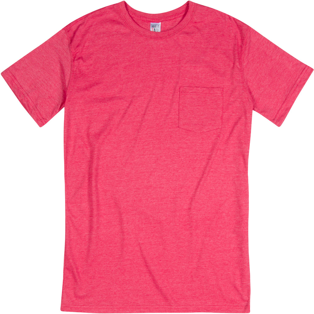 Have It Tall soft blend Heather Red T shirt with front pocket luxury long tee shirt against a white background