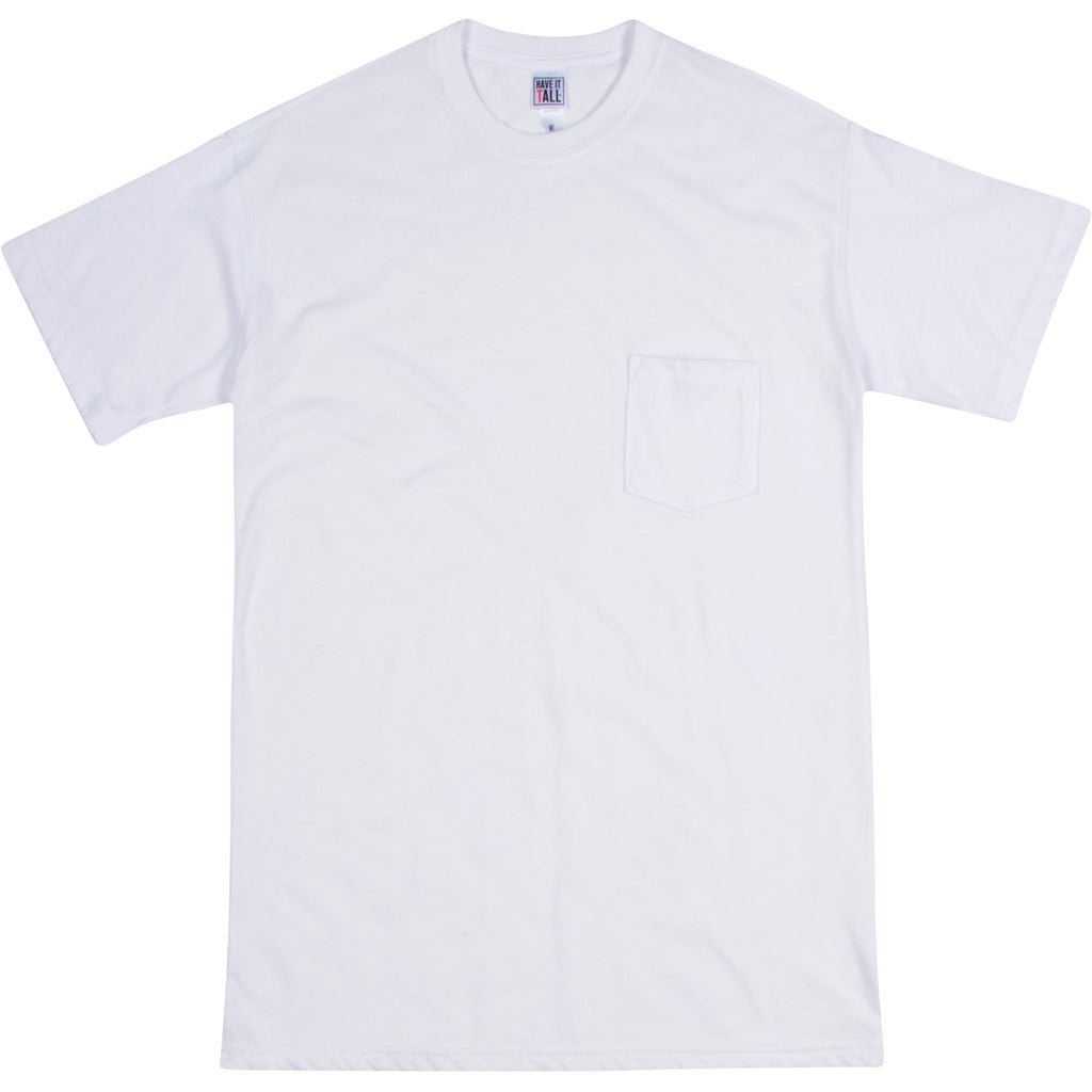 Have It Tall soft blend White T shirt with front pocket luxury long tee shirt against a white background