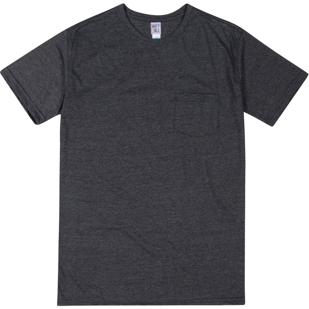 Have It Tall soft blend Dark Heather T shirt with front pocket luxury long tee shirt against a white background