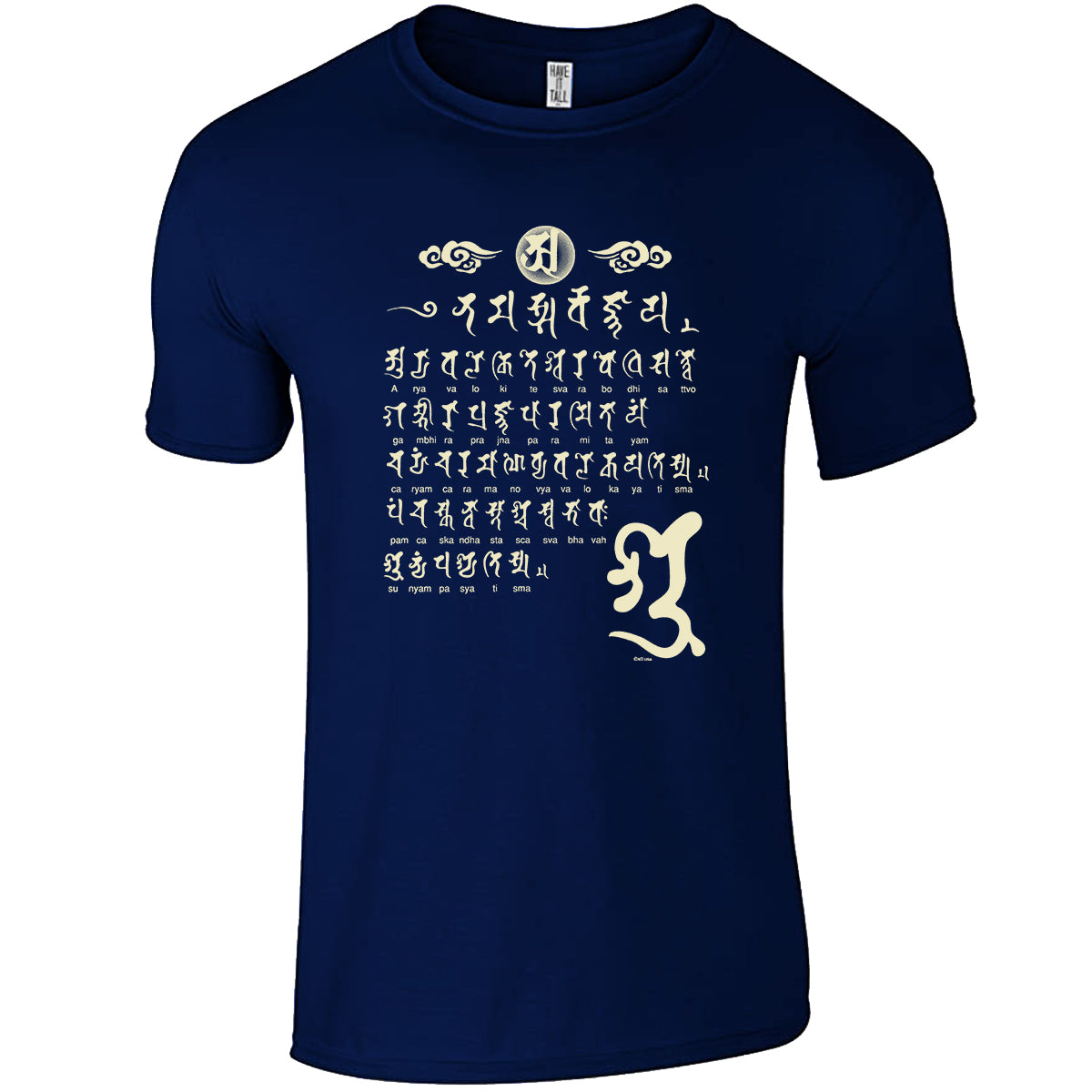 Navy have it tall 100% ring spun cotton tee shirt with ancient script on it against a white background