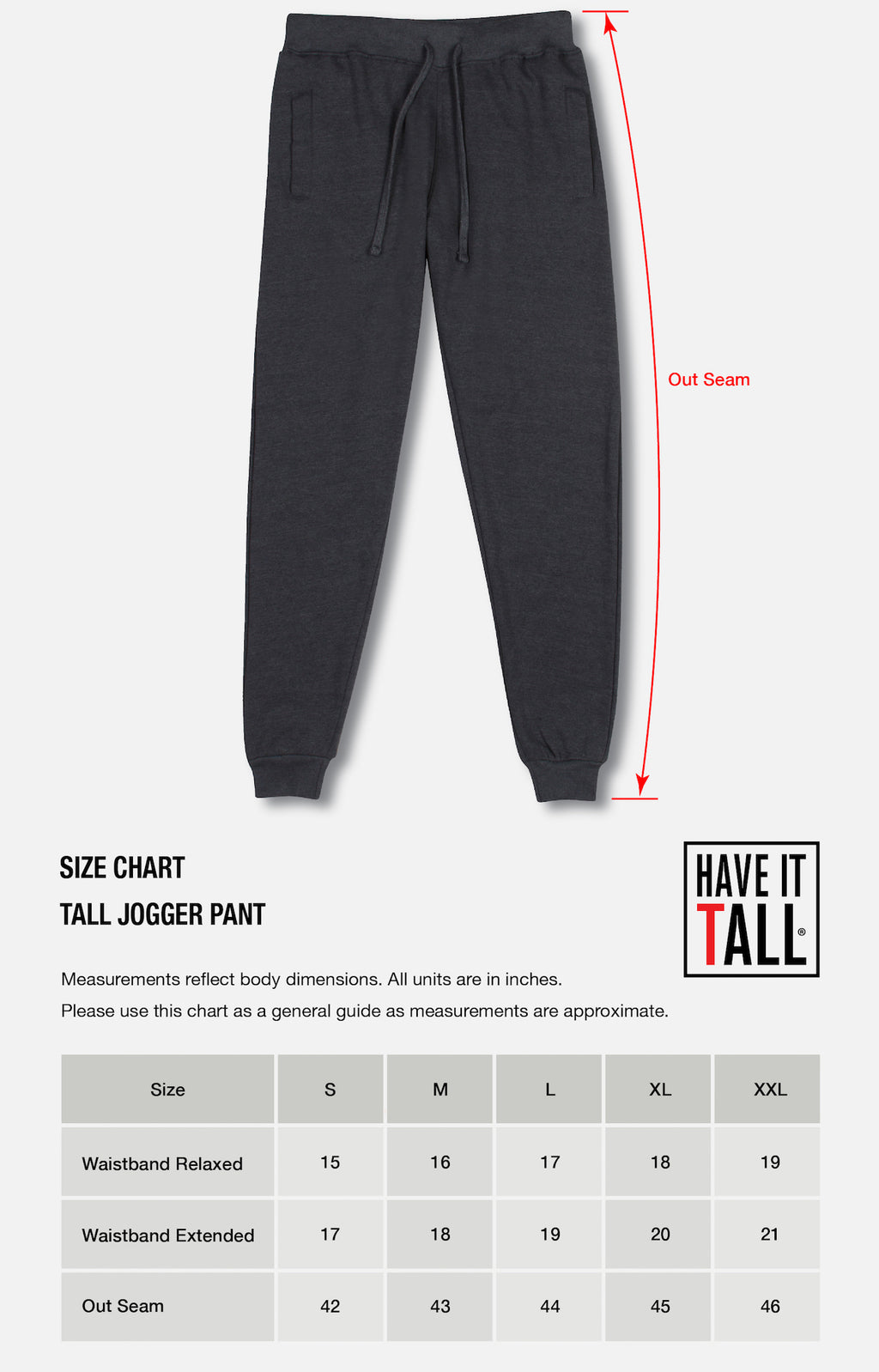 Have It Tall Chart of sized to measurements comparison for joggers sweat pants