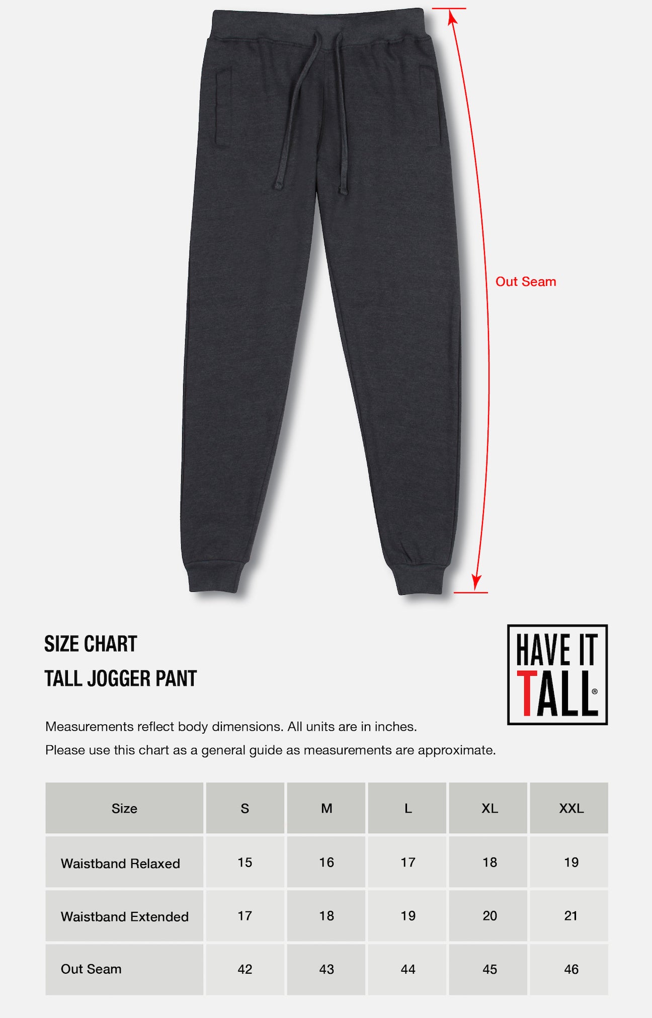 Have It Tall Chart of sized to measurements comparison for joggers sweat pants