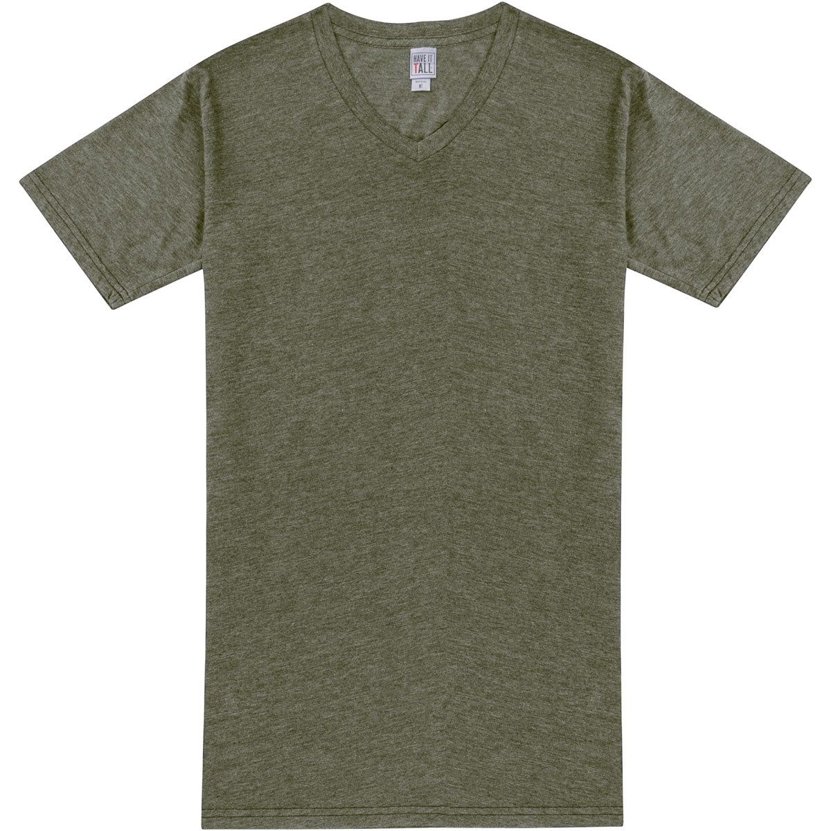 Have It Tall V neck T shirt for men and women in color Heather Army luxury soft Tee against a white background.