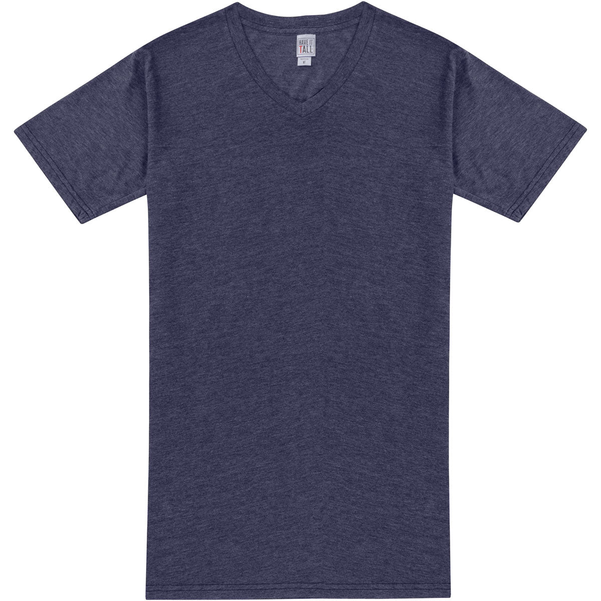 Have It Tall V neck T shirt for men and women in color Heather Navy luxury soft Tee against a white background.