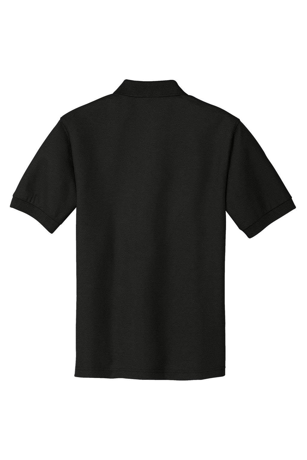 Port Authority Tall Silk Touch Polo in color black with dyed buttons cotton/poly blend showing the back of the shirt against a white background