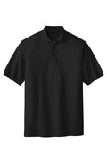 Port Authority Tall Silk Touch Polo in color black with dyed buttons cotton/poly blend against a white background
