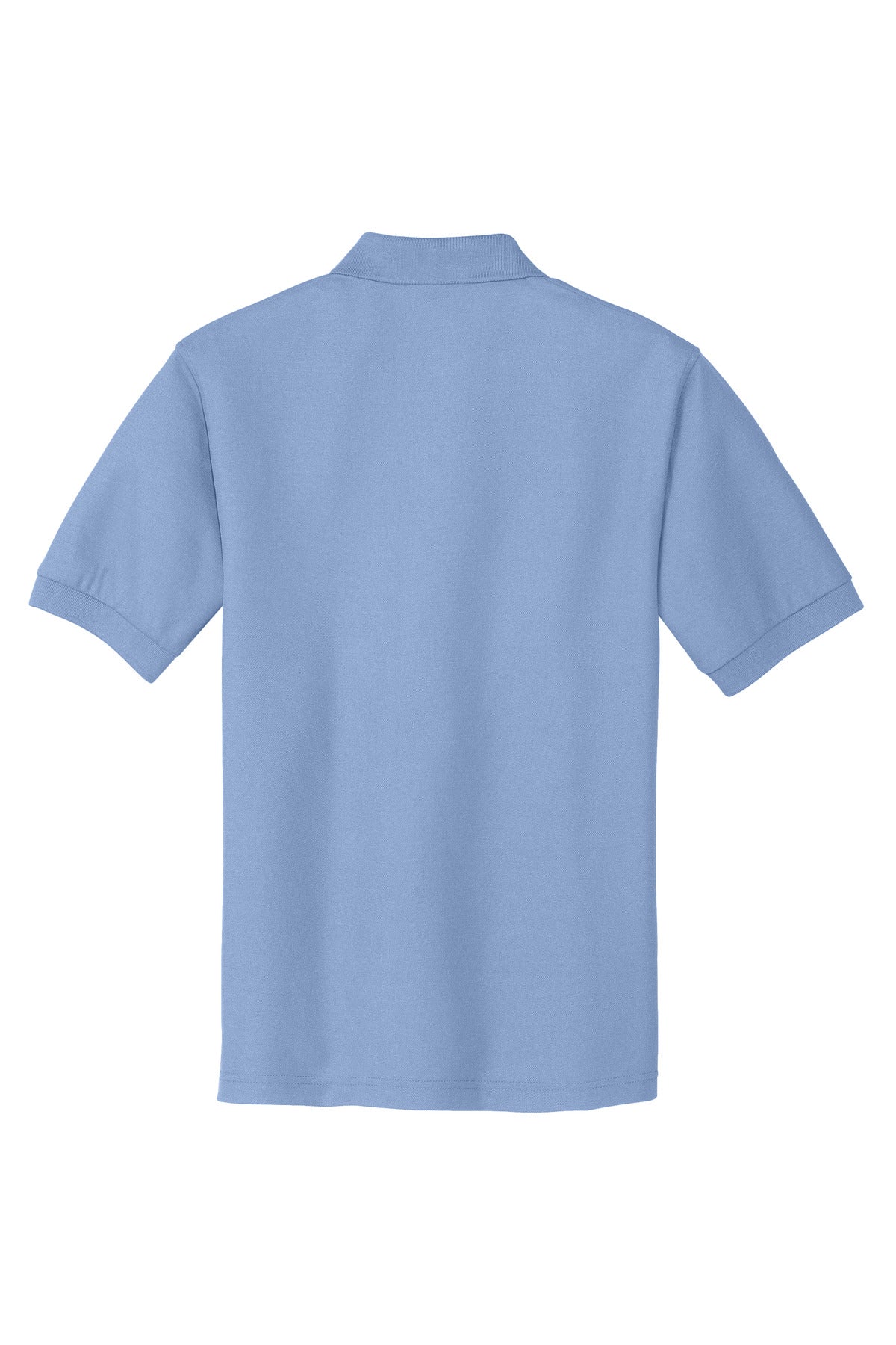 Port Authority Tall Silk Touch Polo in color light blue with dyed buttons cotton/poly blend showing the back of the shirt against a white background