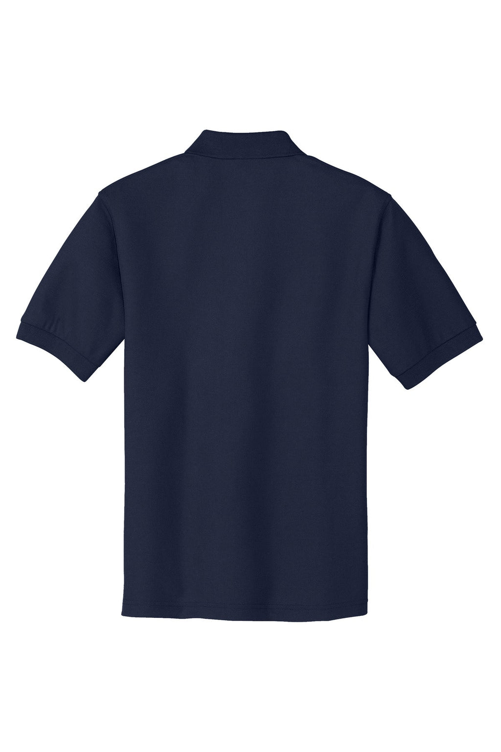 Port Authority Tall Silk Touch Polo in color navy with dyed buttons cotton/poly blend showing the back of the shirt against a white background