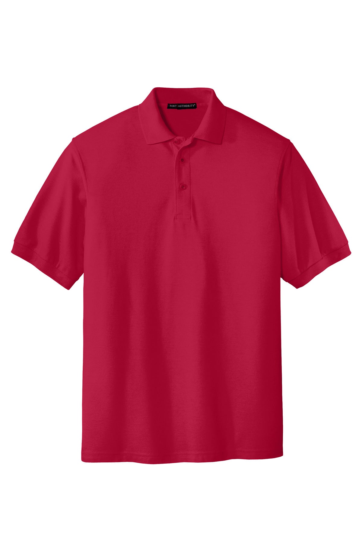 Port Authority Tall Silk Touch Polo in color red with dyed buttons cotton/poly blend against a white background