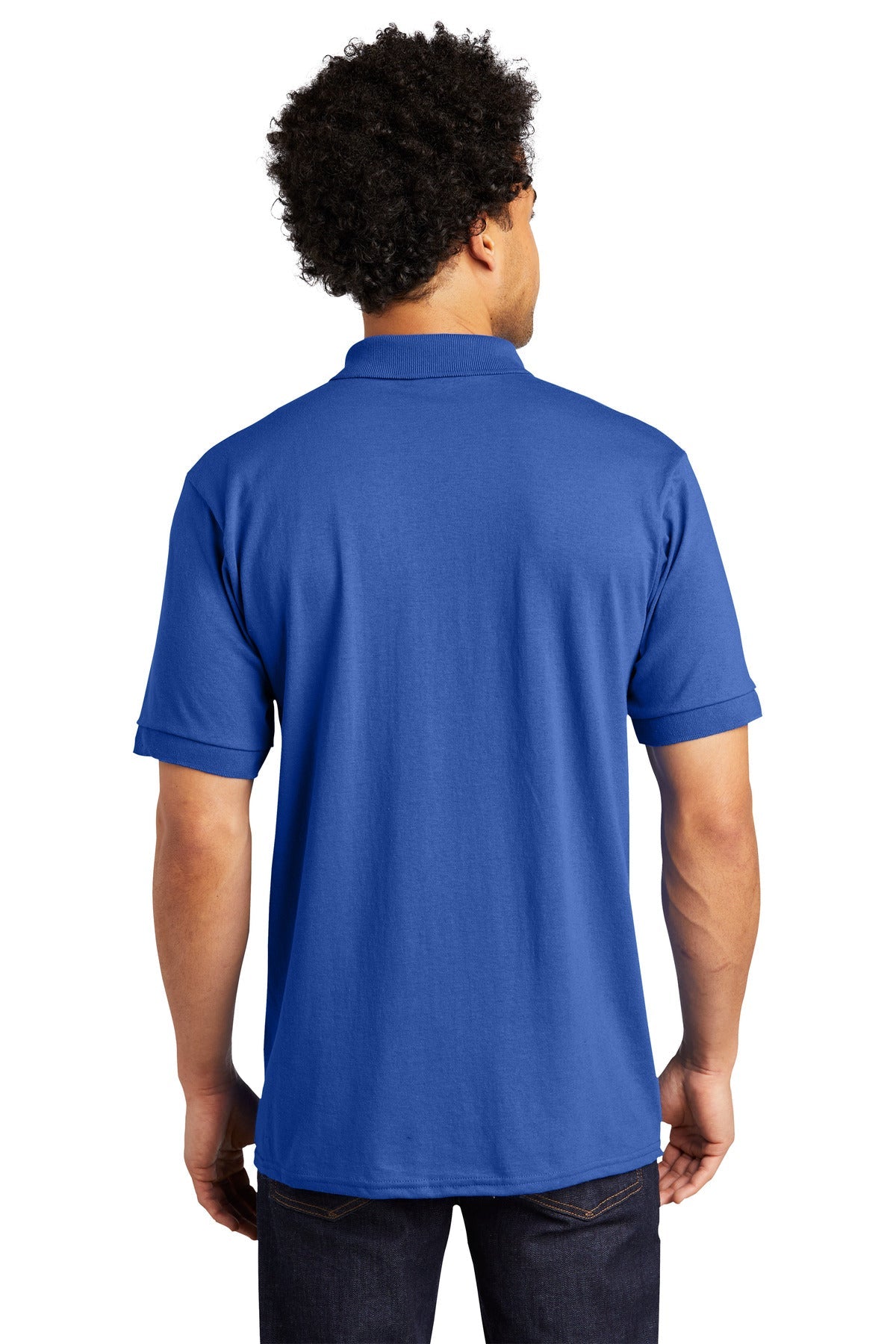 tall male model 6,4 wearing a royal medium port company polo t shirt with dyed to match buttons showing the back of the shirt against a white background
