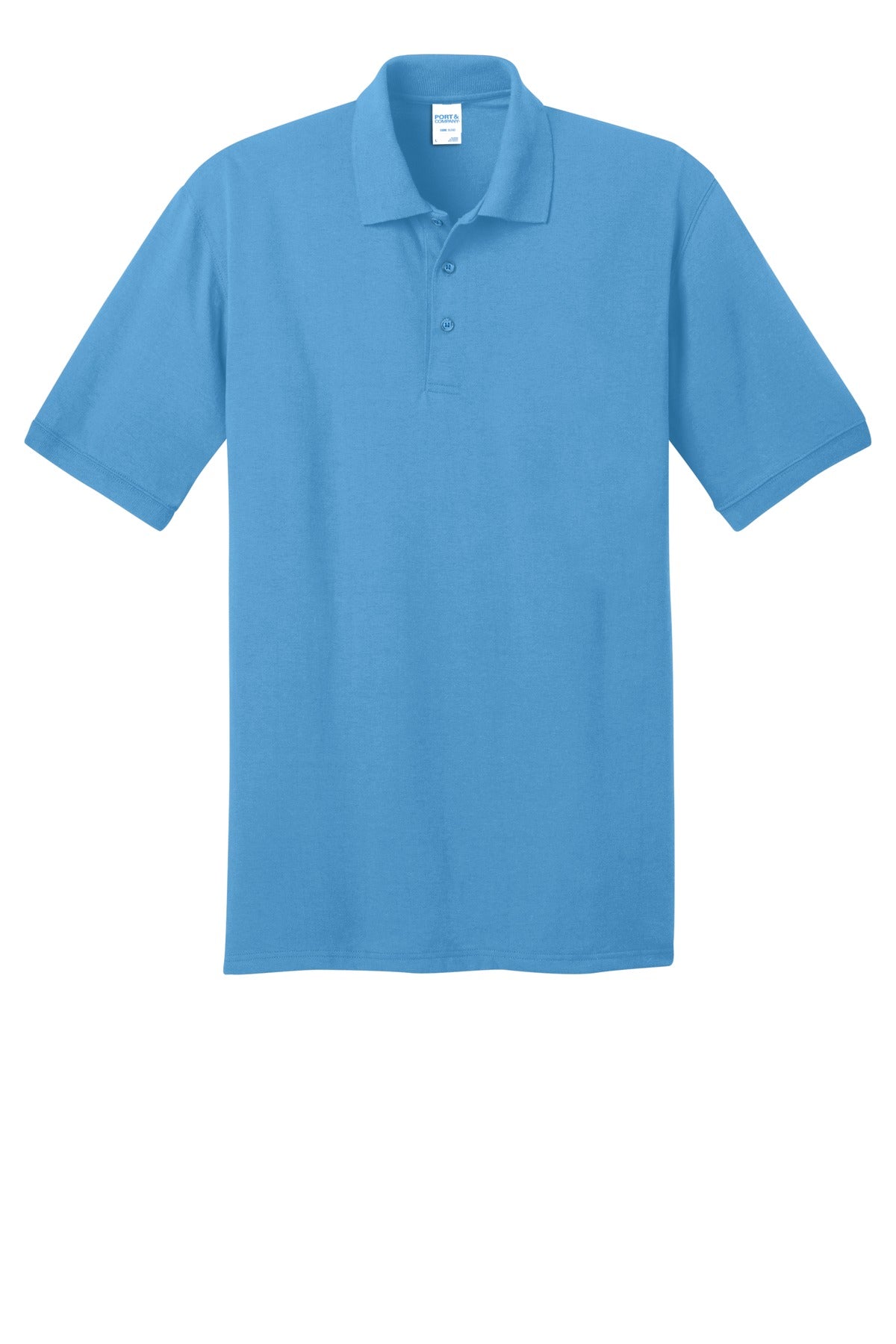 Port Company aquatic blue polo t shirt 50/50 poly cotton blend tee with dyed to match buttons against a white background
