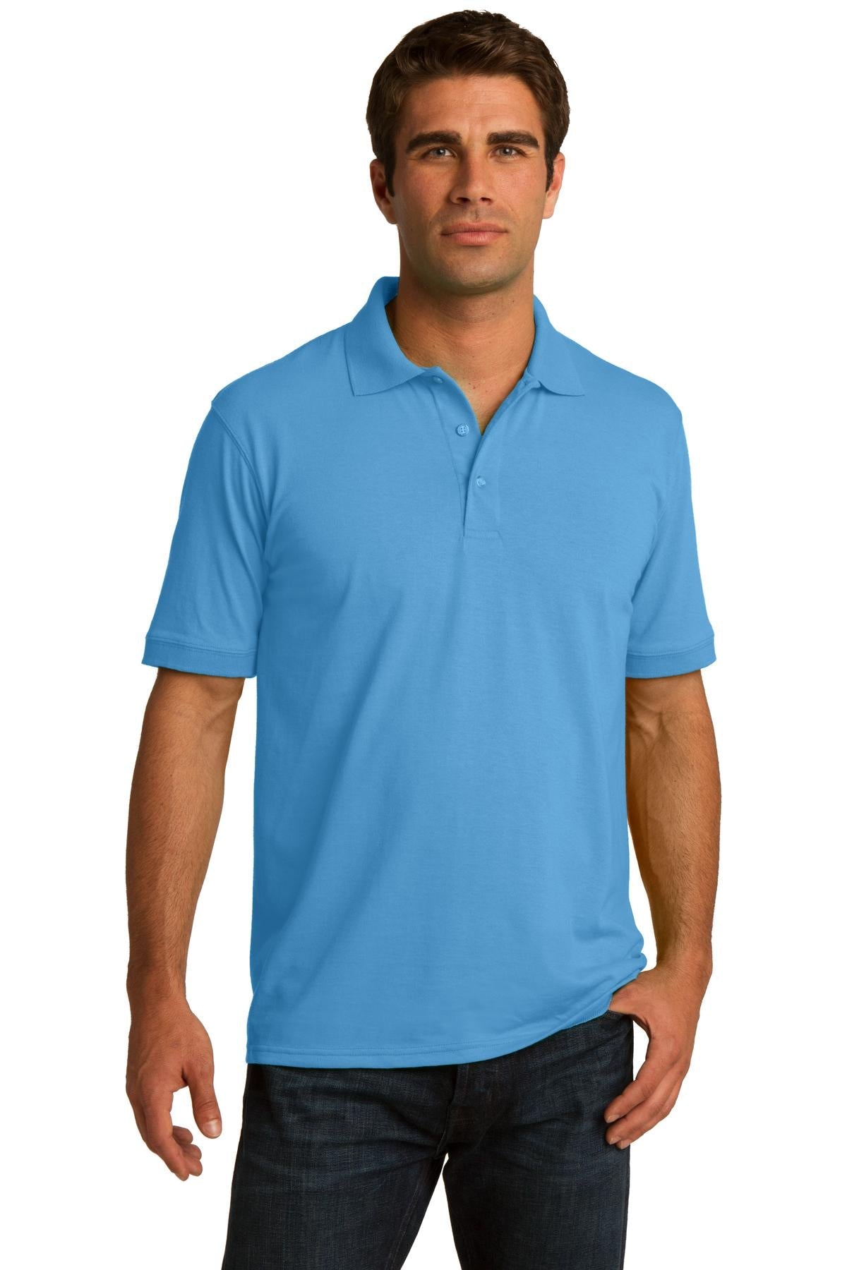 tall male model 6,4 wearing an aquatic blue medium port company polo t shirt with dyed to match buttons against a white background