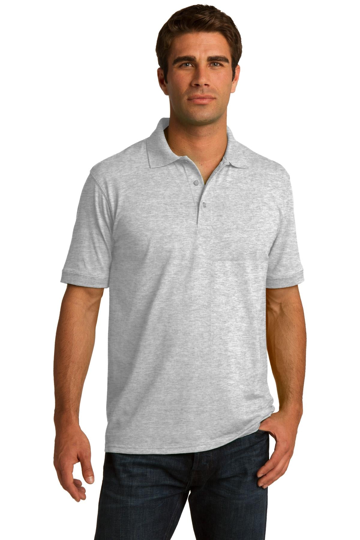 tall male model 6,4 wearing an ash medium port company polo t shirt with dyed to match buttons against a white background