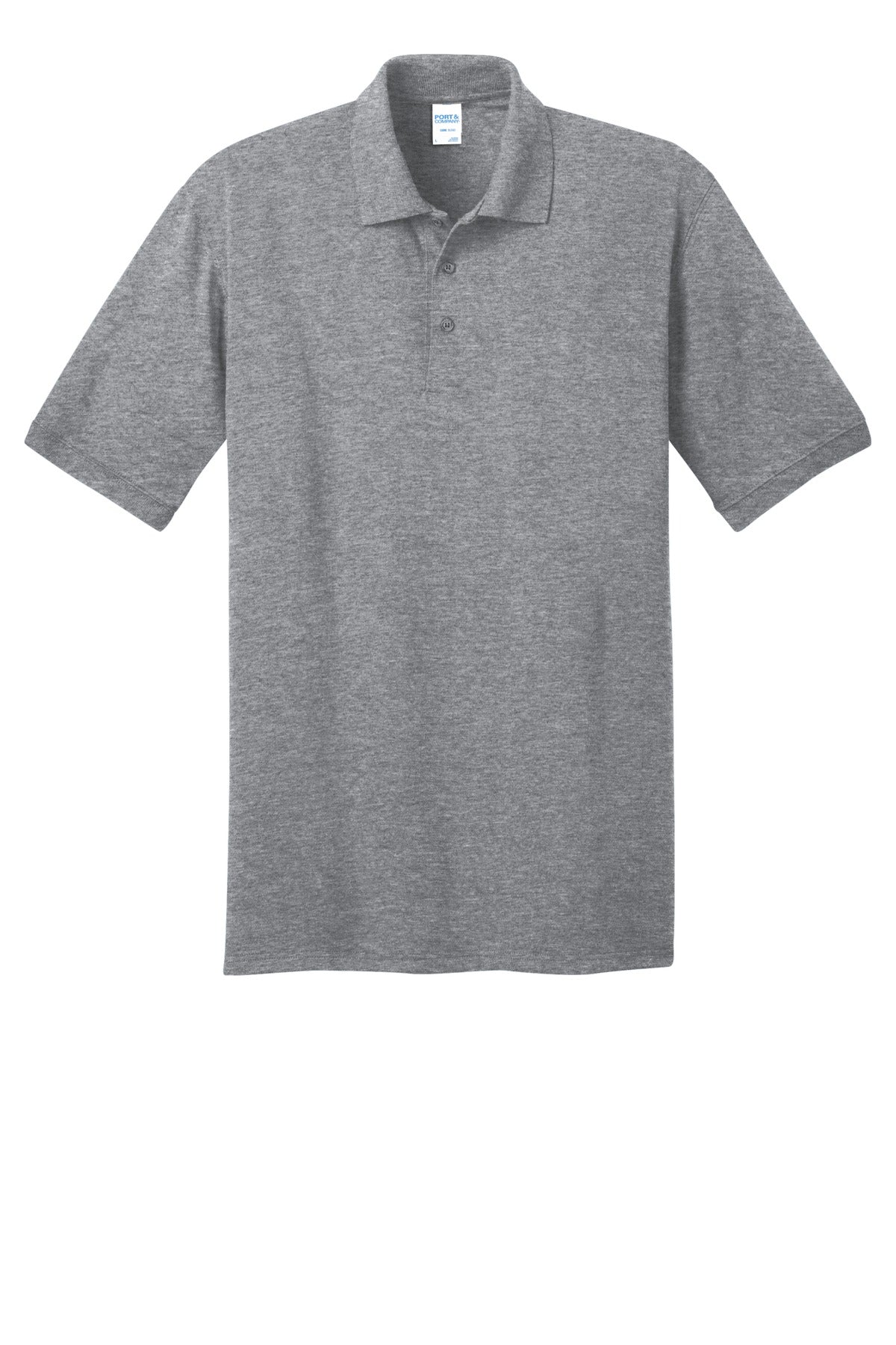 Port Company athletic heather polo t shirt 50/50 poly cotton blend tee with dyed to match buttons against a white 