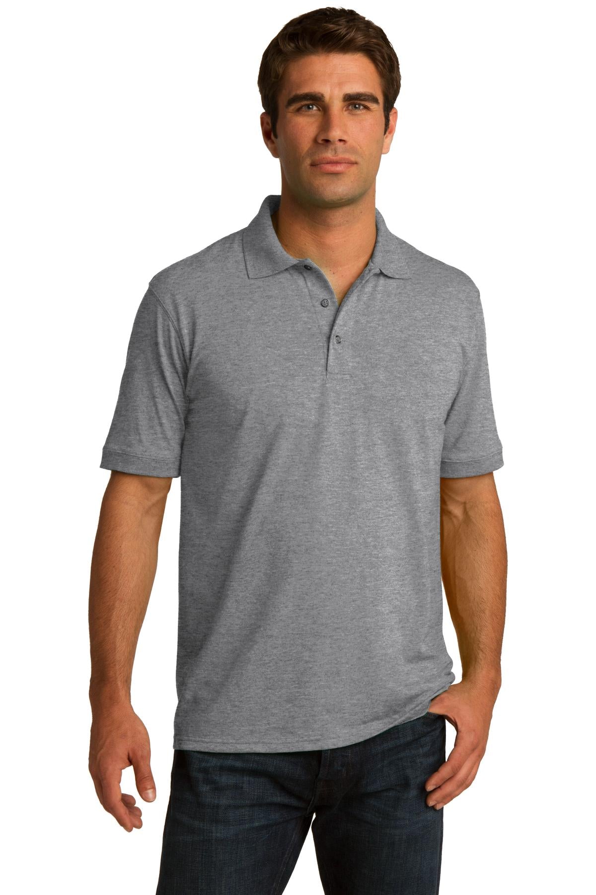 tall male model 6,4 wearing an athletic heather medium port company polo t shirt with dyed to match buttons against a white background