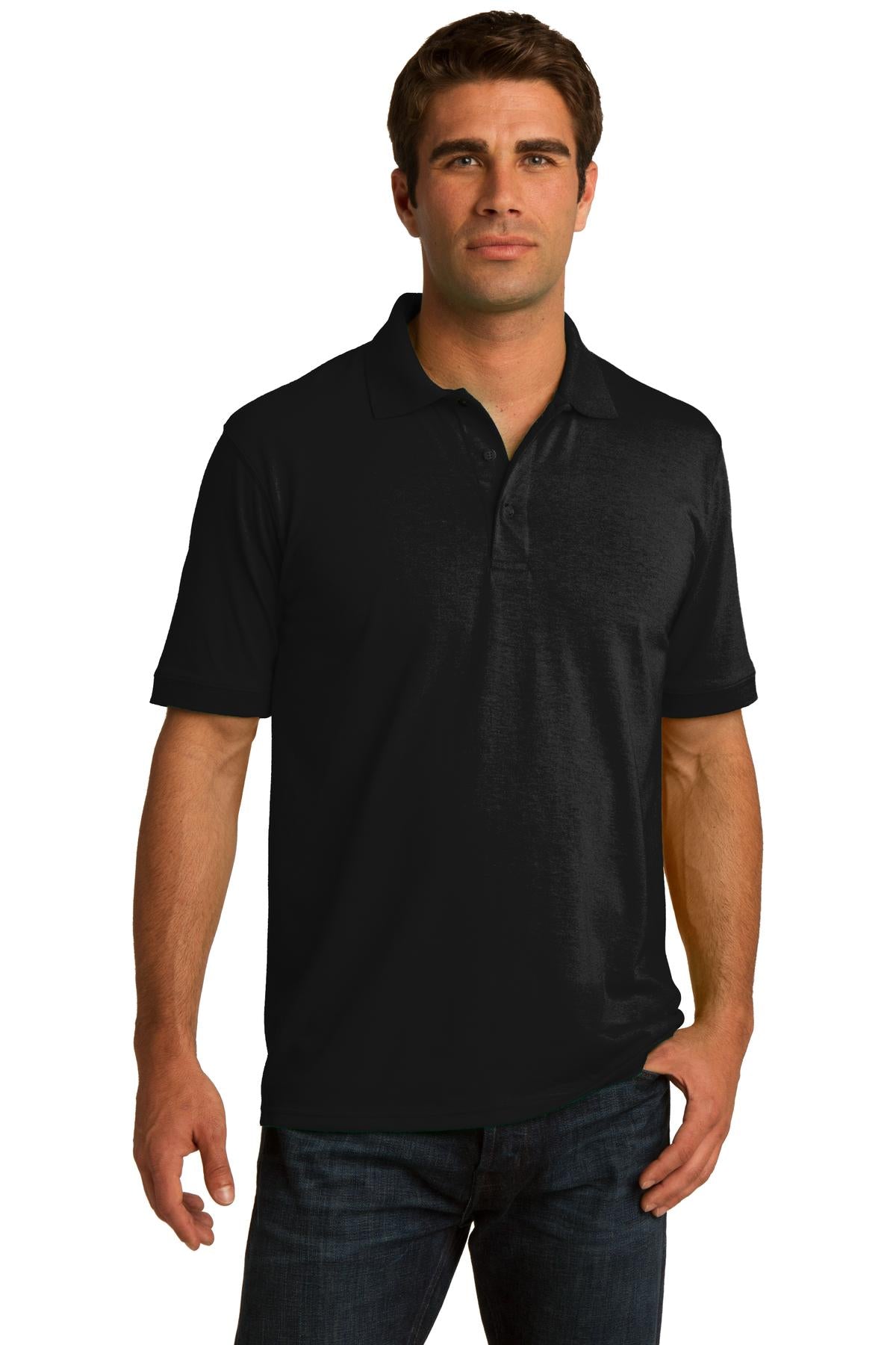 tall male model 6,4 wearing a jet black medium port company polo t shirt with dyed to match buttons against a white background