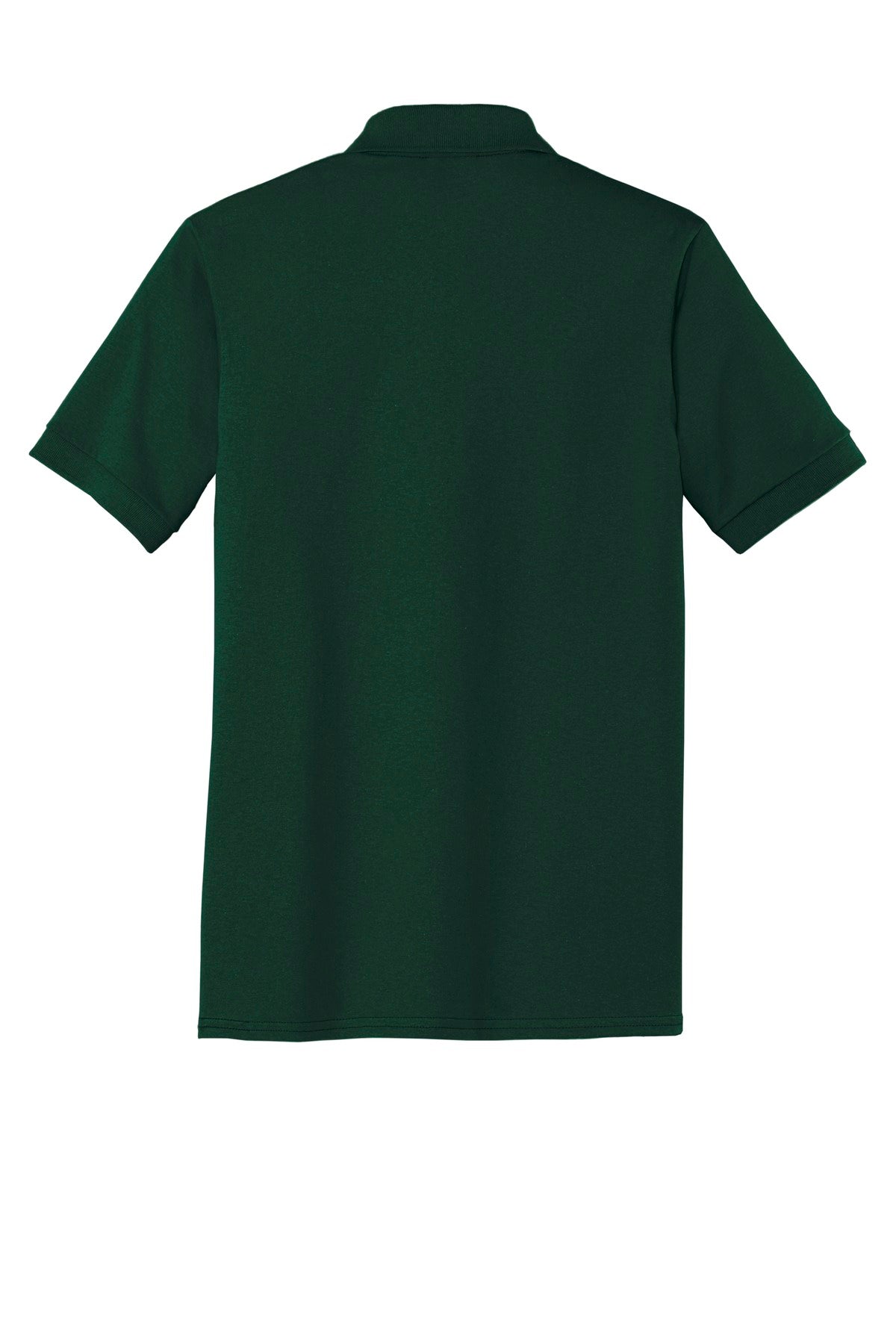 Port Company dark green polo t shirt 50/50 poly cotton blend tee with dyed to match buttons showing the back of the shirt against a white background