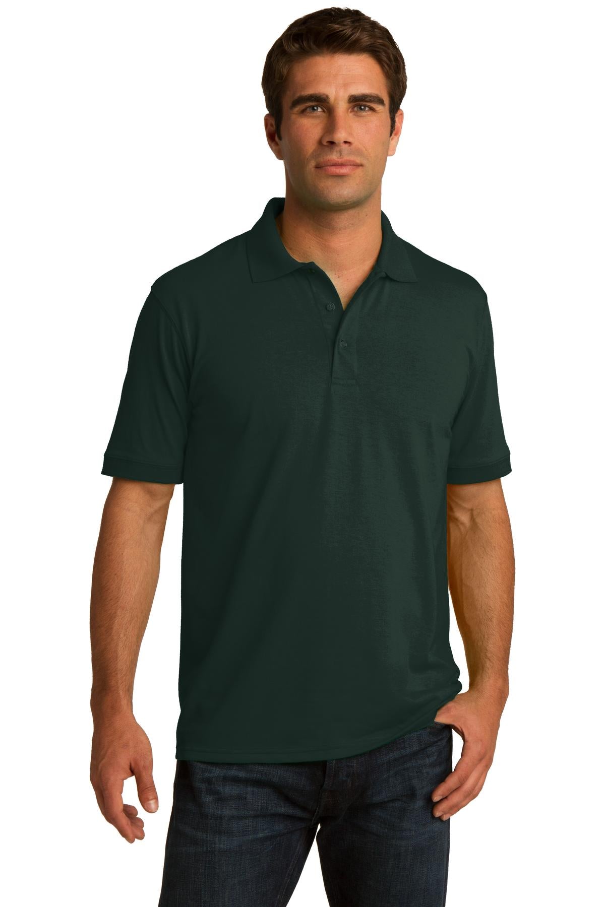 tall male model 6,4 wearing a dark green medium port company polo t shirt with dyed to match buttons against a white background