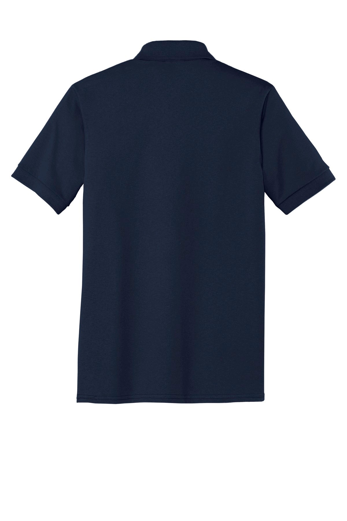 Port Company deep navy polo t shirt 50/50 poly cotton blend tee with dyed to match buttons showing the back of the shirt against a white background