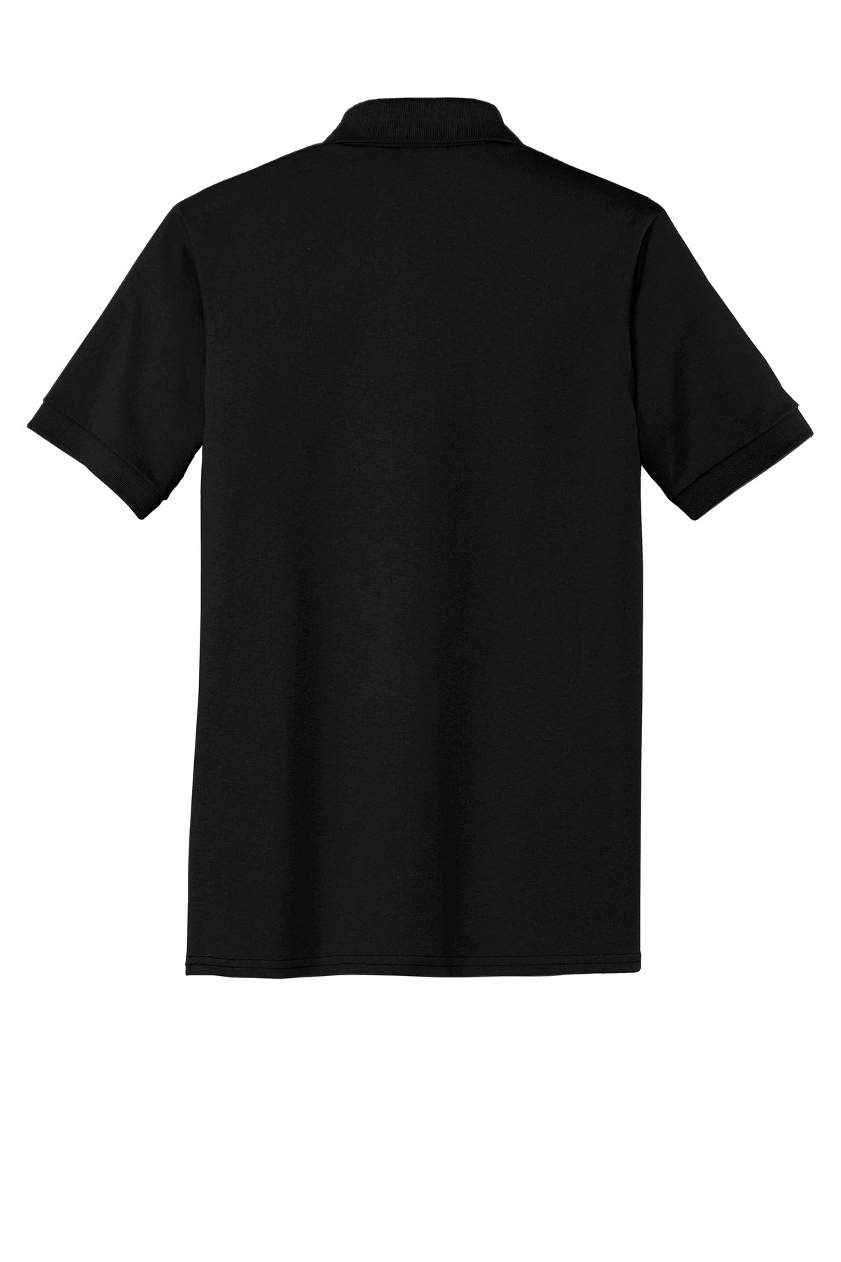 Port Company jet black polo t shirt 50/50 poly cotton blend tee with dyed to match buttons showing the back of the shirt against a white background 
