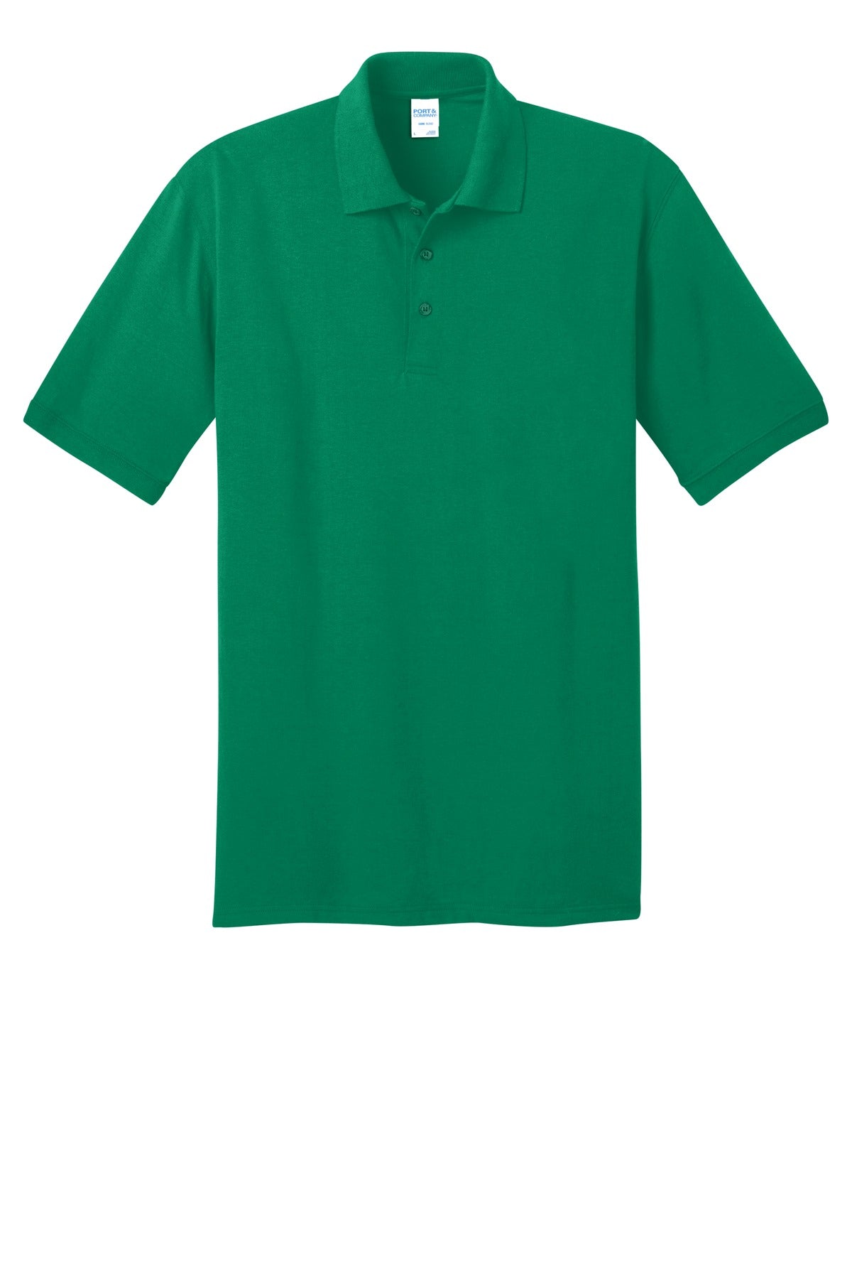 Port Company kelly green polo t shirt 50/50 poly cotton blend tee with dyed to match buttons against a white background