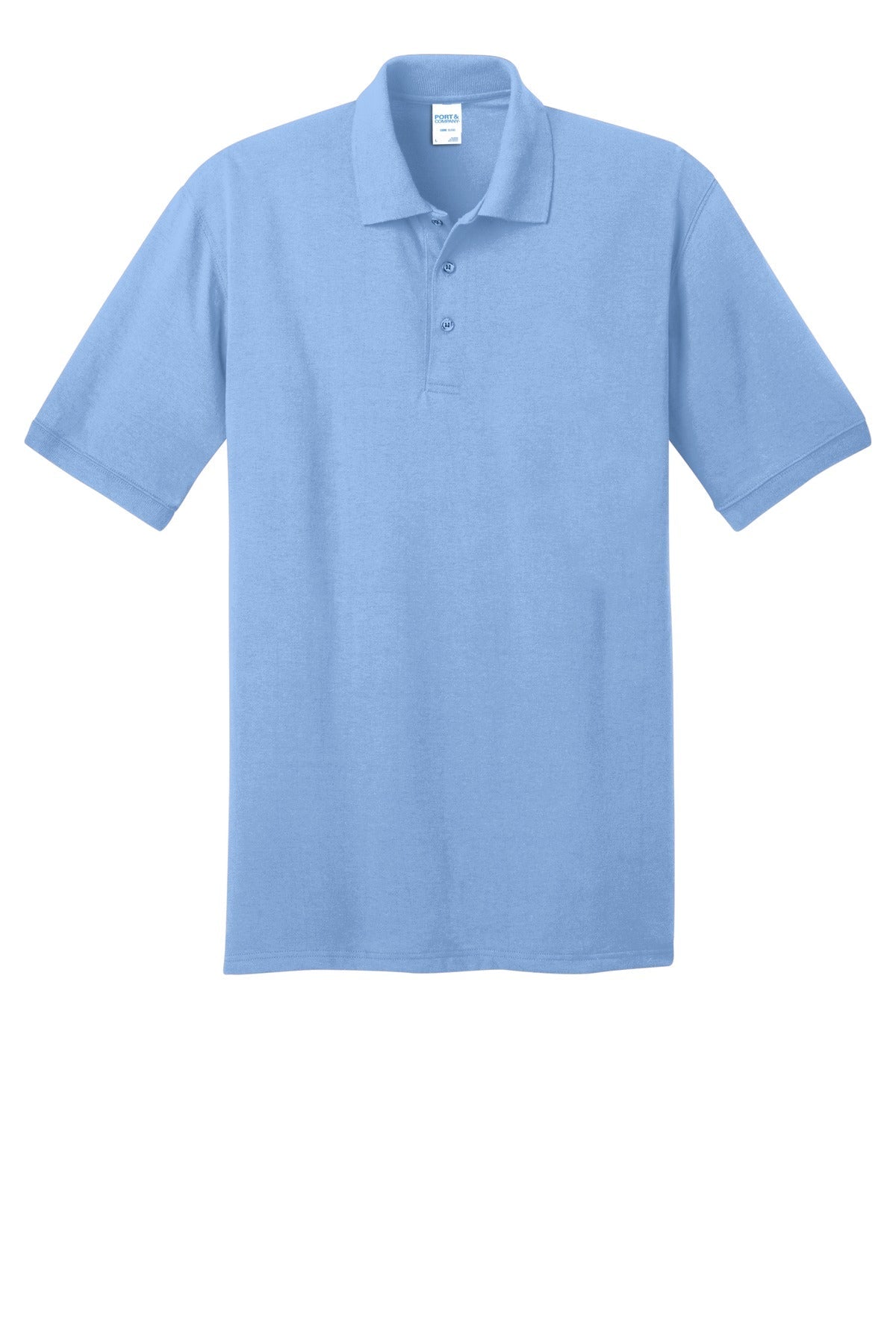 Port Company light blue polo t shirt 50/50 poly cotton blend tee with dyed to match buttons against a white background