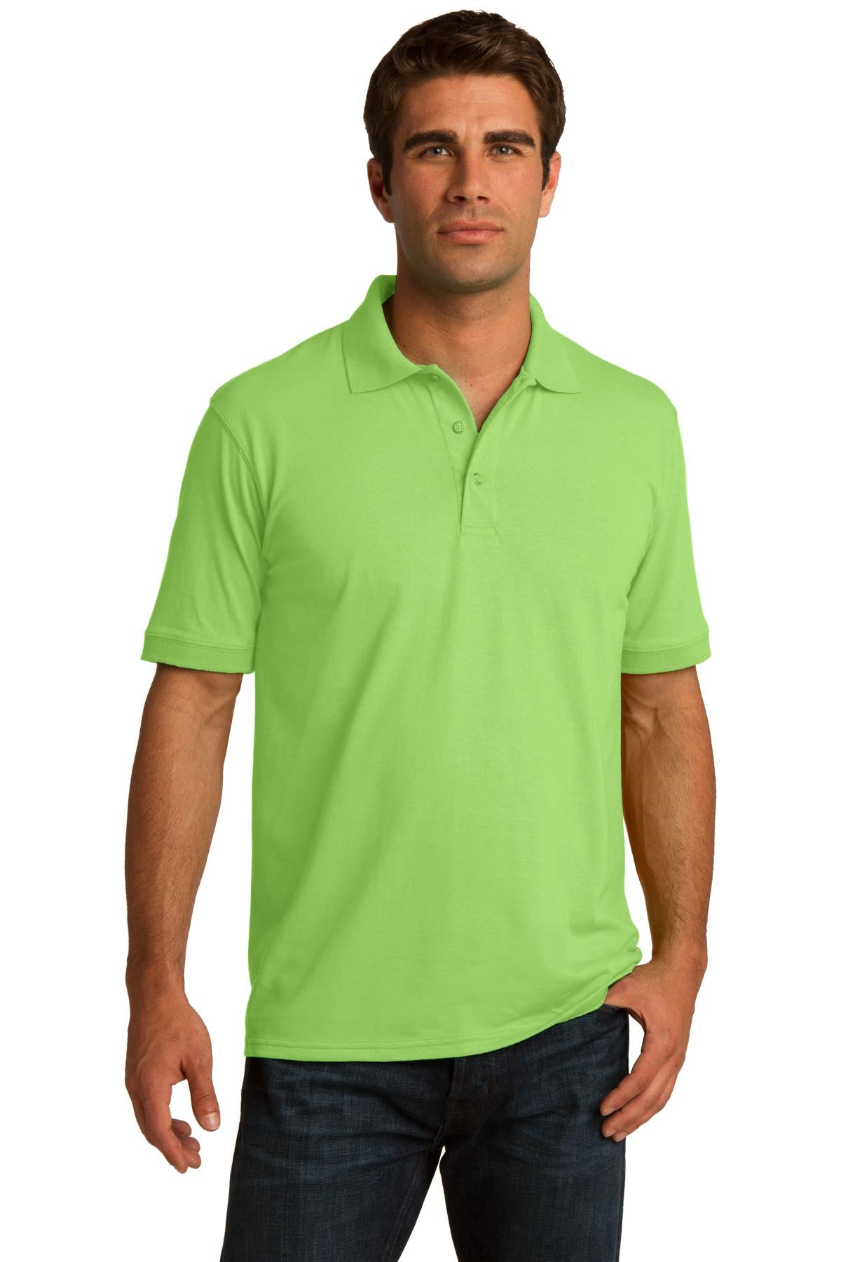 tall male model 6,4 wearing a lime green medium port company polo t shirt with dyed to match buttons against a white background