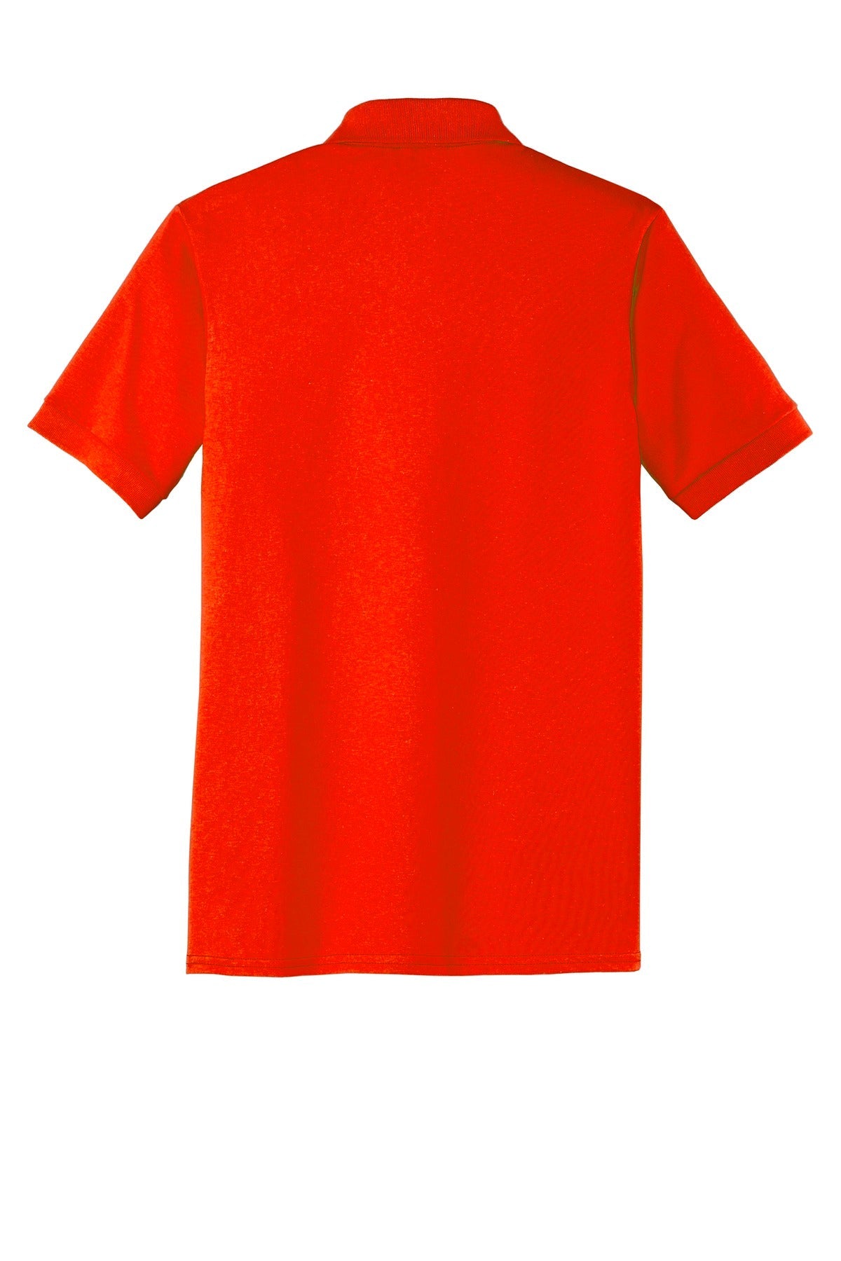 Port Company orange polo t shirt 50/50 poly cotton blend tee with dyed to match buttons showing the back of the shirt against a white background 