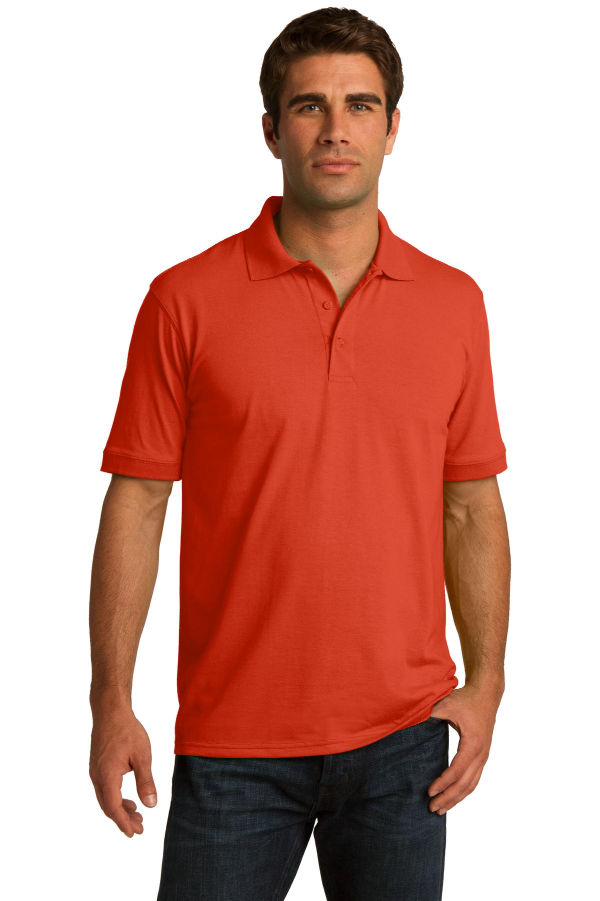 tall male model 6,4 wearing an orange medium port company polo t shirt with dyed to match buttons against a white background 