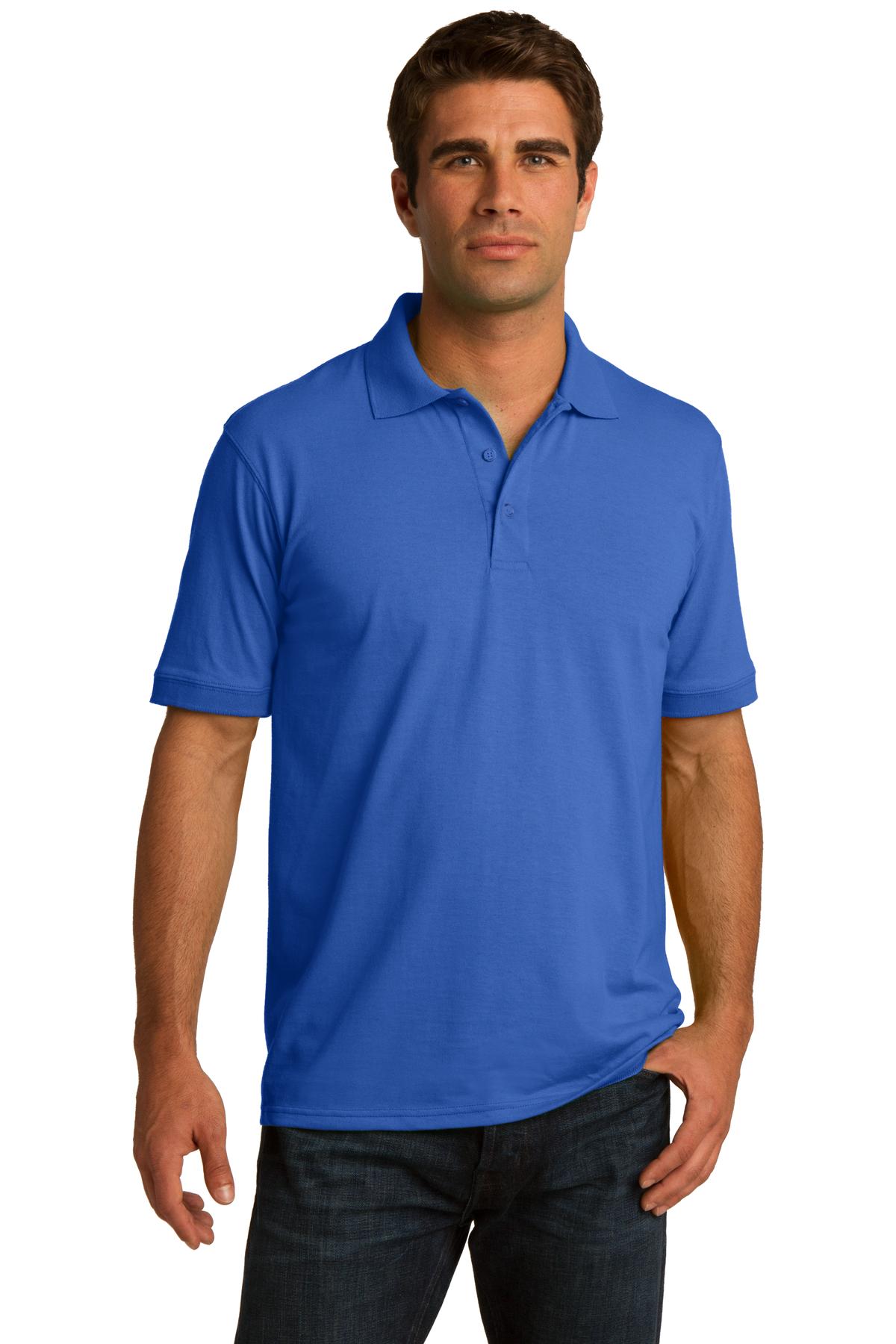 tall male model 6,4 wearing a royal medium port company polo t shirt with dyed to match buttons against a white background 