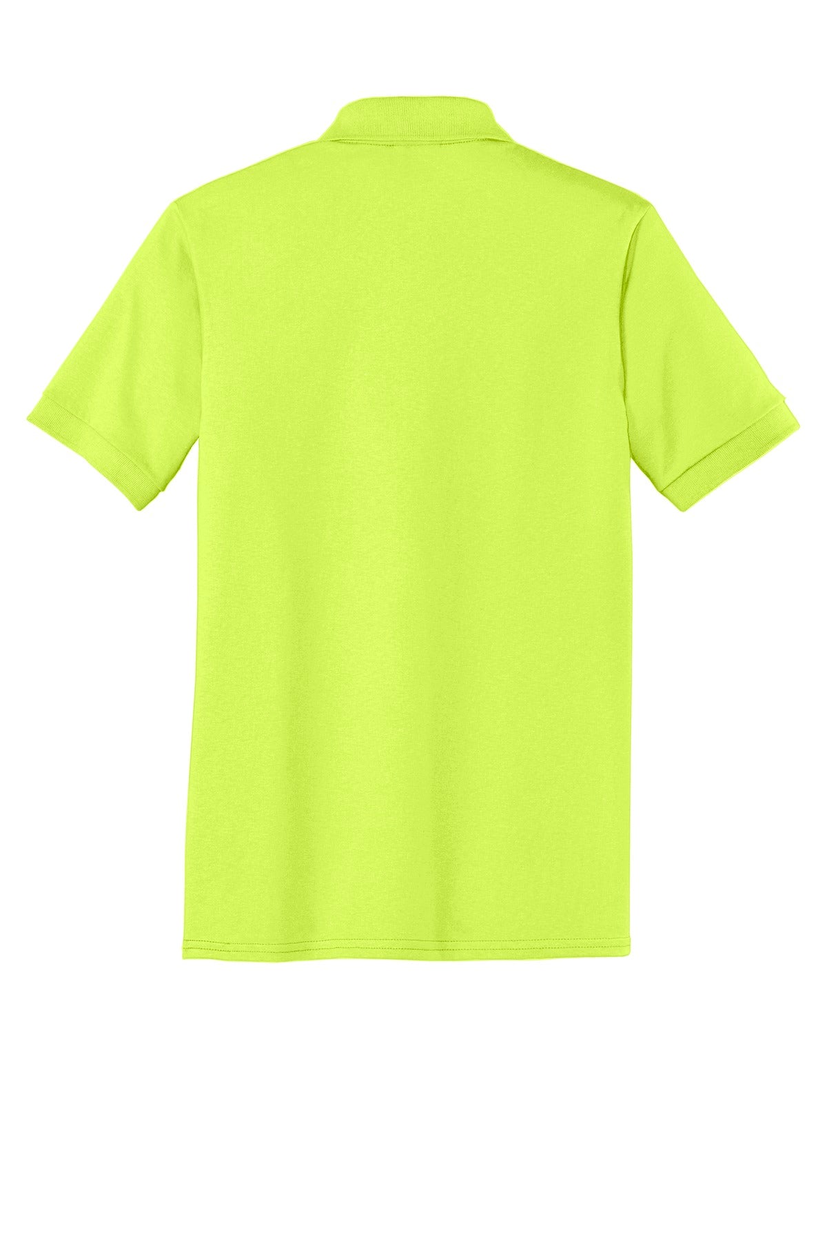 Port Company safety green polo t shirt 50/50 poly cotton blend tee with dyed to match buttons showing the back of the shirt against a white background  