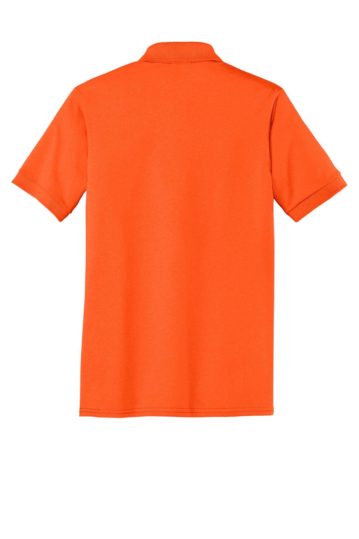 Port Company safety orange polo t shirt 50/50 poly cotton blend tee with dyed to match buttons showing the back of the shirt against a white background  