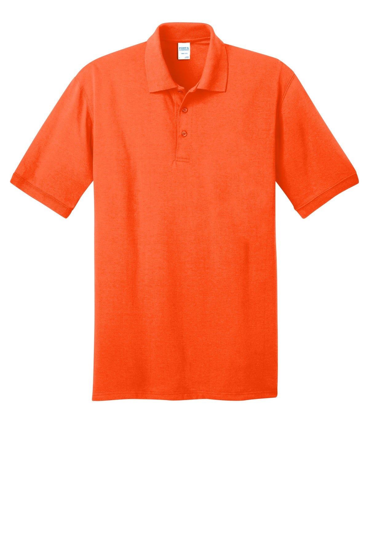 Port Company safety orange polo t shirt 50/50 poly cotton blend tee with dyed to match buttons against a white background 