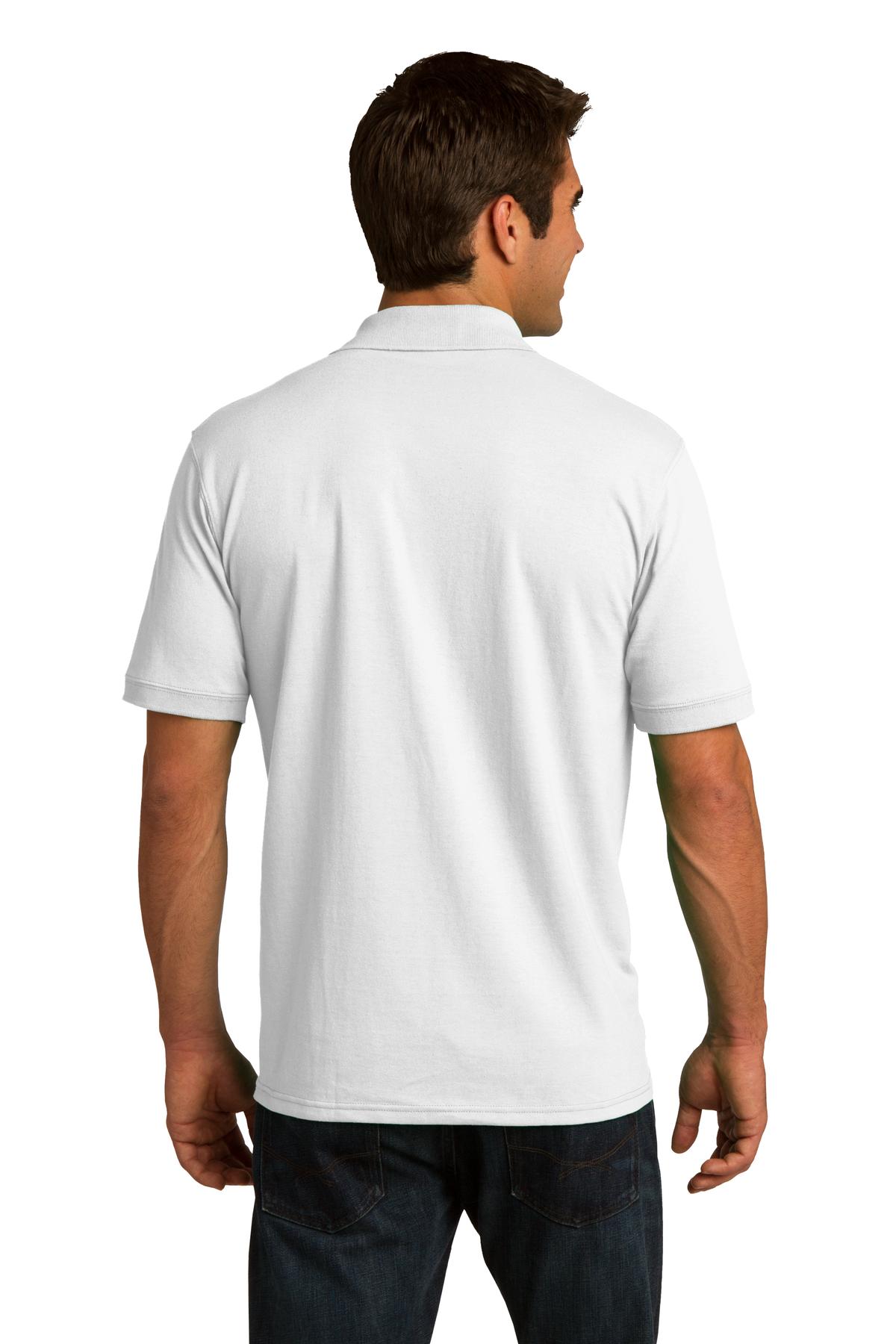 tall male model 6,4 wearing a white medium port company polo t shirt with dyed to match buttons showing the back of the shirt against a white background