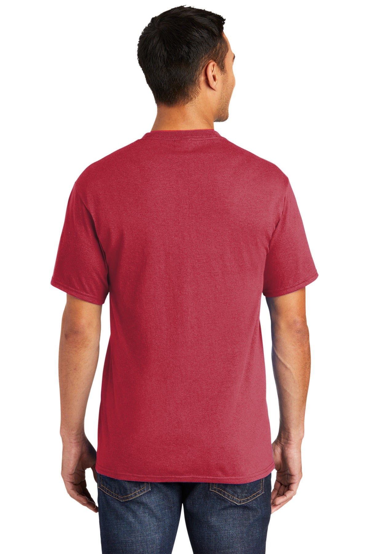 Tall male model 6,3 wearing a medium red port company T shirt durable soft and comfortable 50/50 cotton poly Tee showing the back of the shirt against a white background
