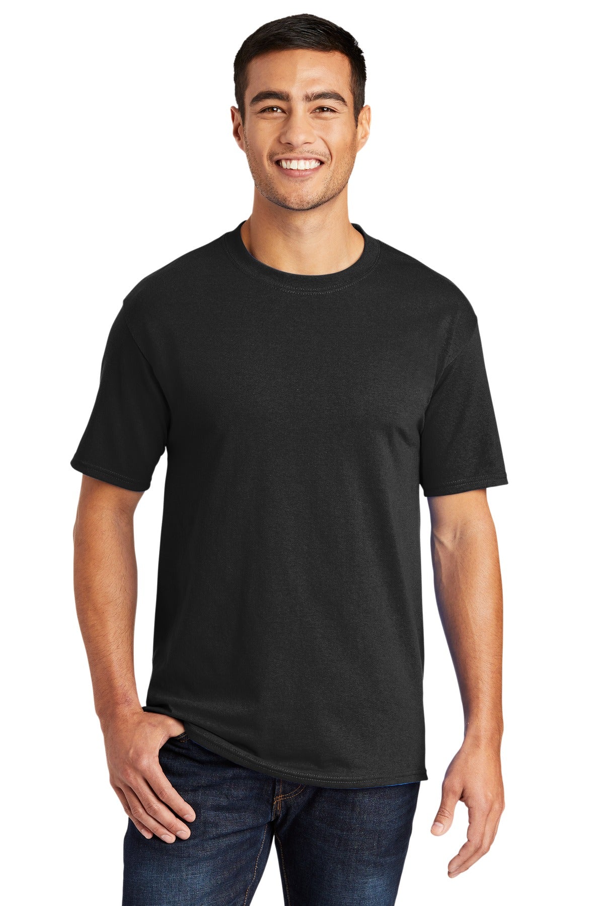 Tall male model 6,3 wearing a medium jet black port company T shirt durable soft and comfortable 50/50 cotton poly Tee against a white background