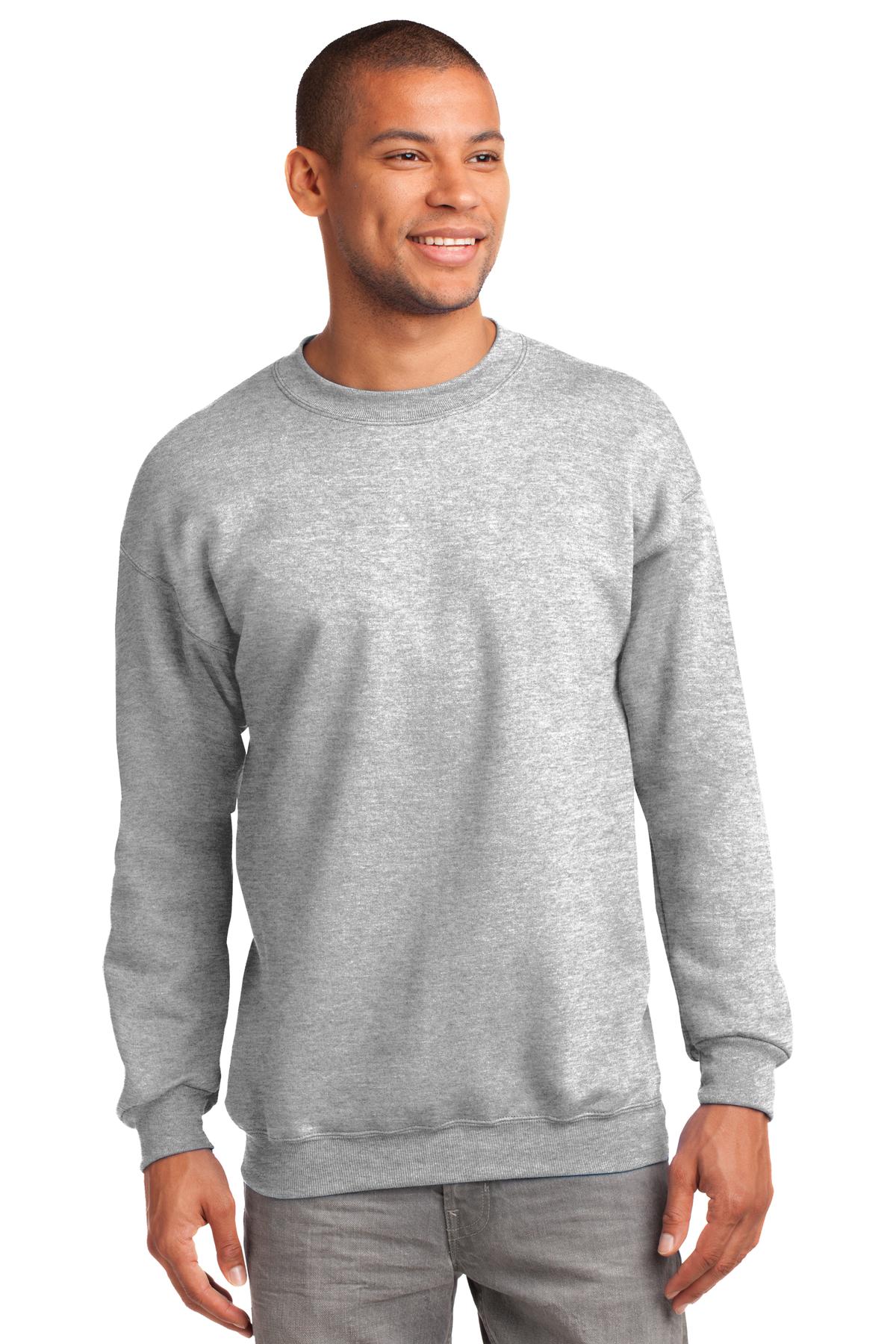 Tall male model 6'2 wearing a medium port & Company Tall Crewneck Heavyweight Sweatshirt in color ash against a white background