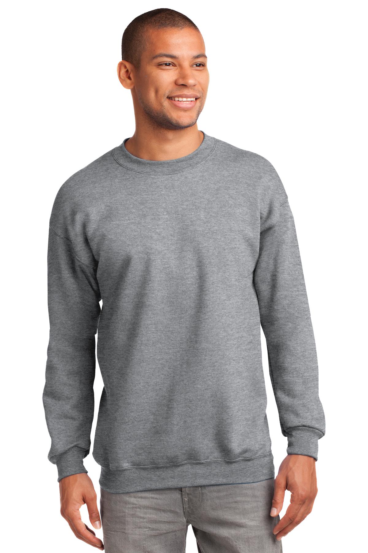 Tall male model 6'2 wearing a medium port & Company Tall Crewneck Heavyweight Sweatshirt in color athletic heather against a white background