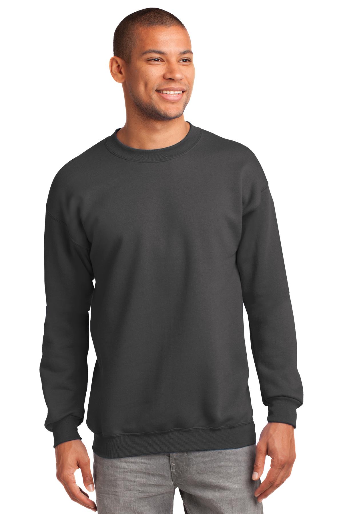 Tall male model 6'2 wearing a medium port & Company Tall Crewneck Heavyweight Sweatshirt in color charcoal against a white background