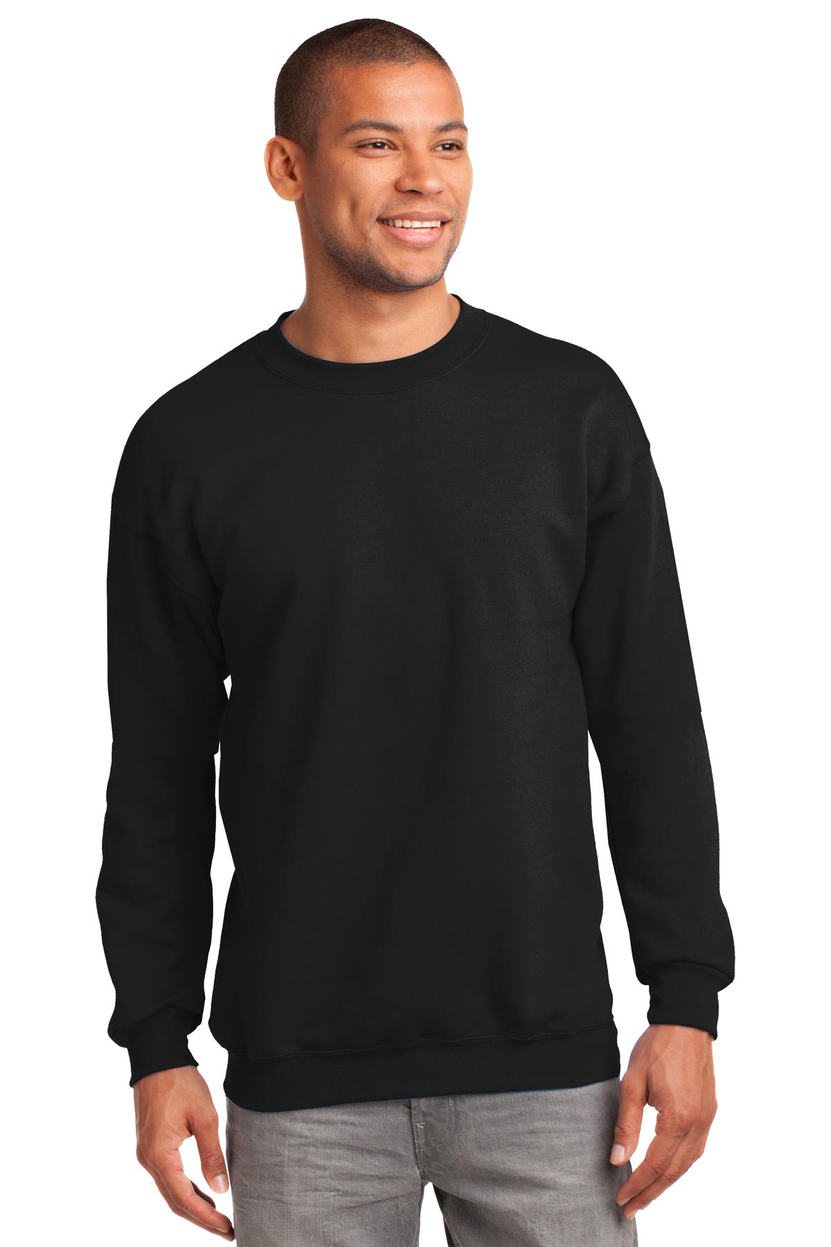 Tall male model 6'2 wearing a medium port & Company Tall Crewneck Heavyweight Sweatshirt in color jet black against a white background