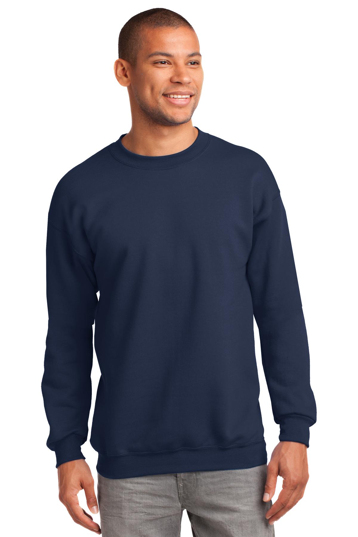 Tall male model 6'2 wearing a medium port & Company Tall Crewneck Heavyweight Sweatshirt in color navy against a white background